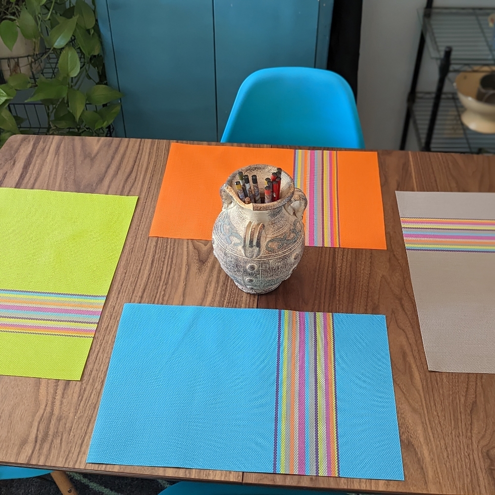 Multicolor placemats, heat resistant, easy to wipe up spills. Heat sealed.